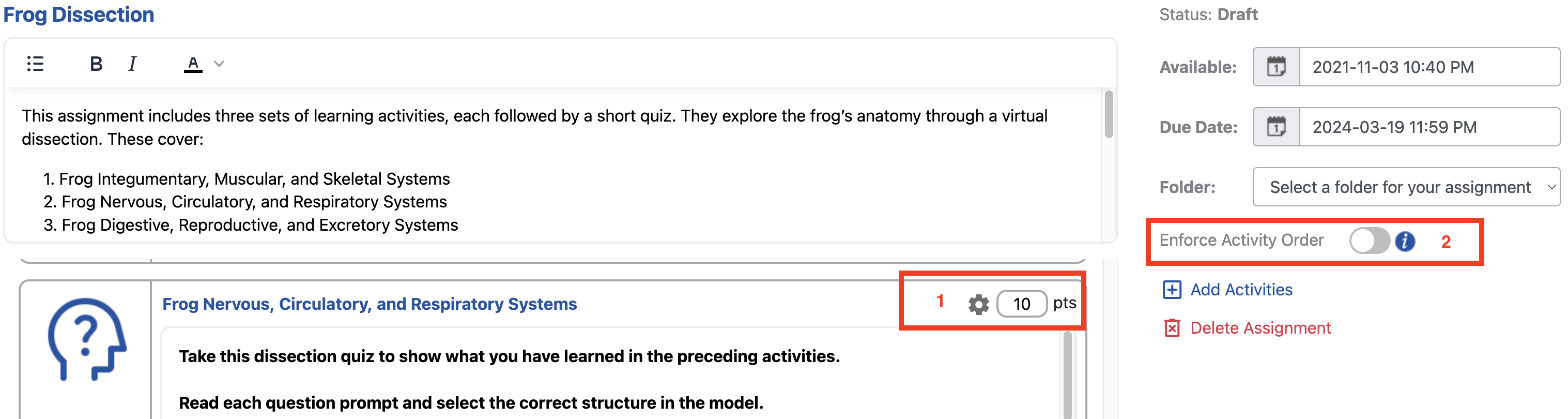 The Edit Quiz screen with the points field and Enforce Activity Order highlighted.