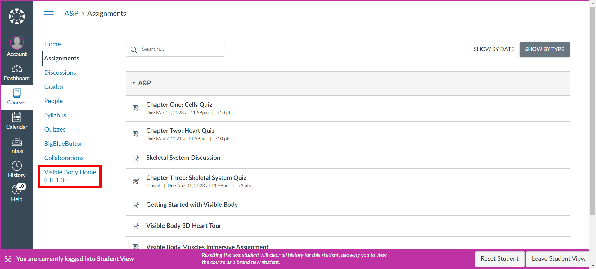 In Canvas, the Visible Body link is on the Courses tab.