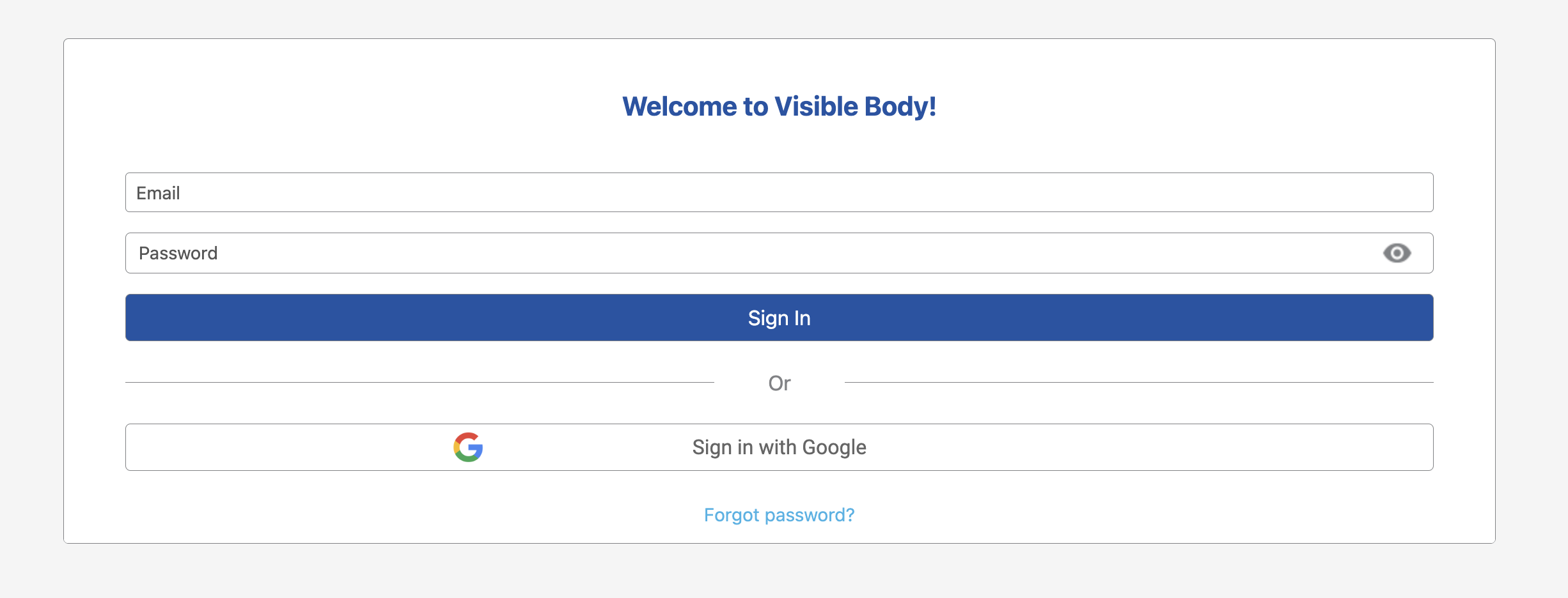 Visible Body sign-in page with fields for email and password, a Sign In button, and a Sign in with Google button.