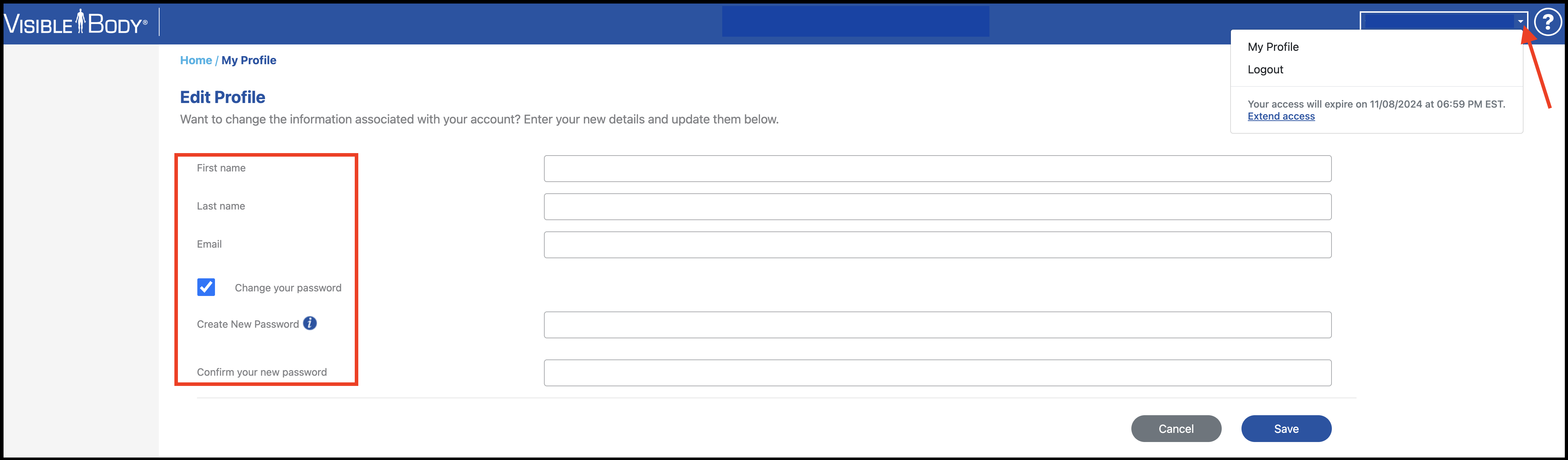 My Profile is in the dropdown menu at the top right of Visible Body.