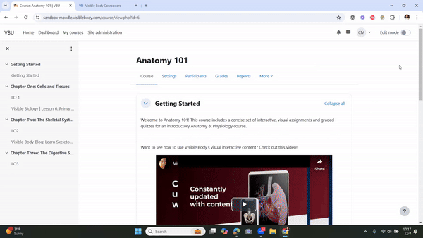 A user adds a Visible Body activity in Moodle.