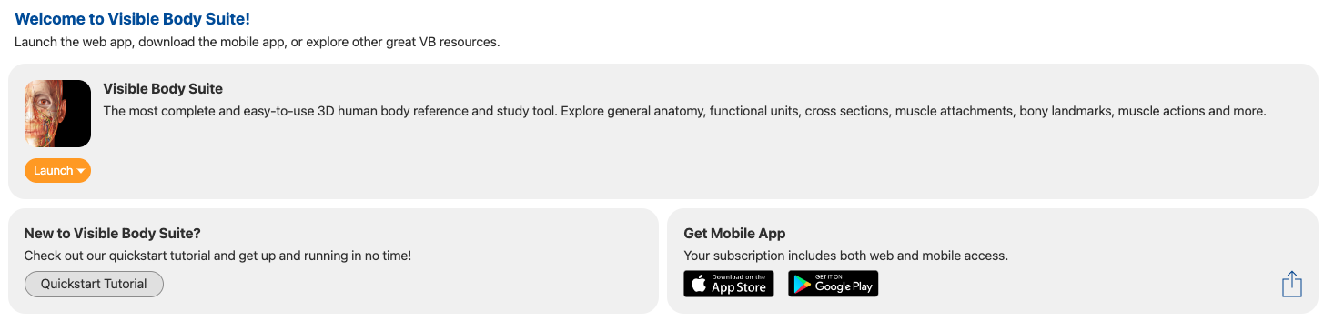 The Visible Body Suite home page with options to launch the web app or download the mobile app.
