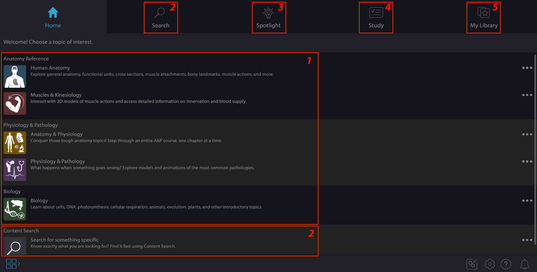 Visible Body suite Home screen highlighting content, Search, Spotlight, Study, and My Library.