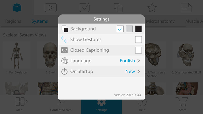 Settings menu has Background, Show Gestures, Closed Captioning, Language, and On Startup options.