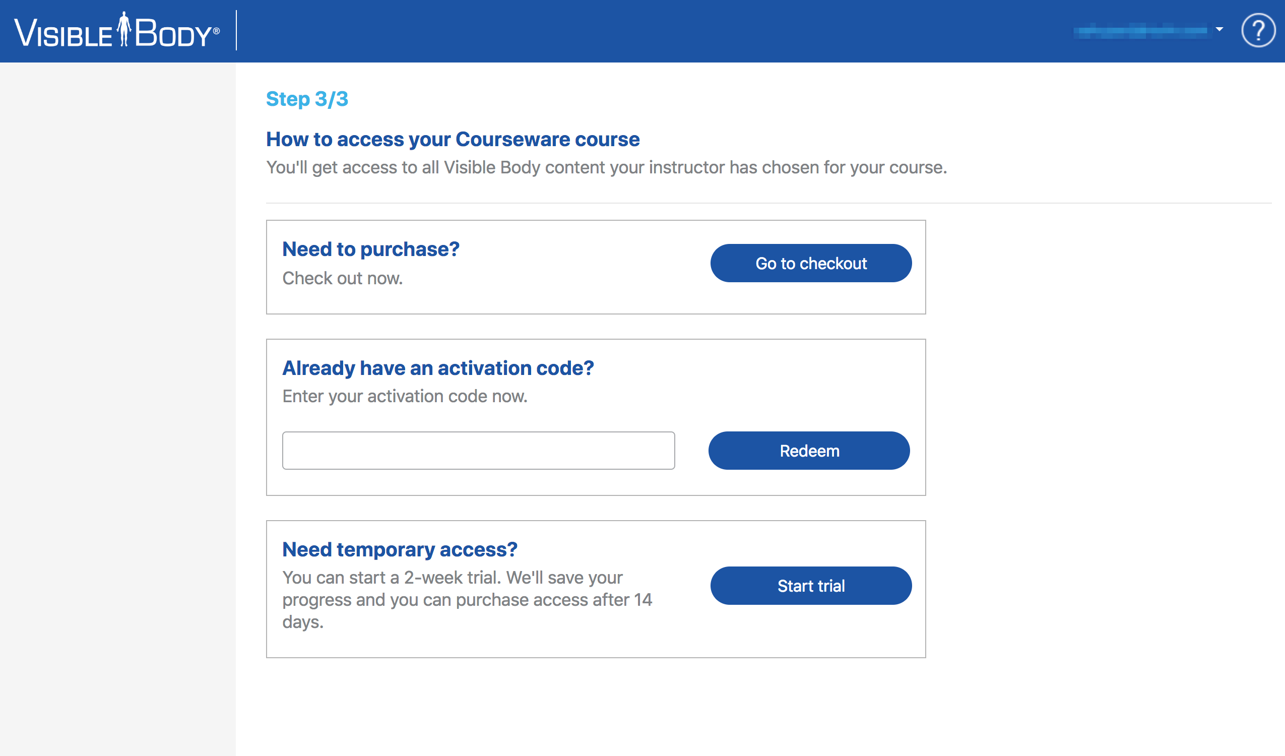 Options to Go to checkout, Redeem an activation code, or Start a trial for temporary access.