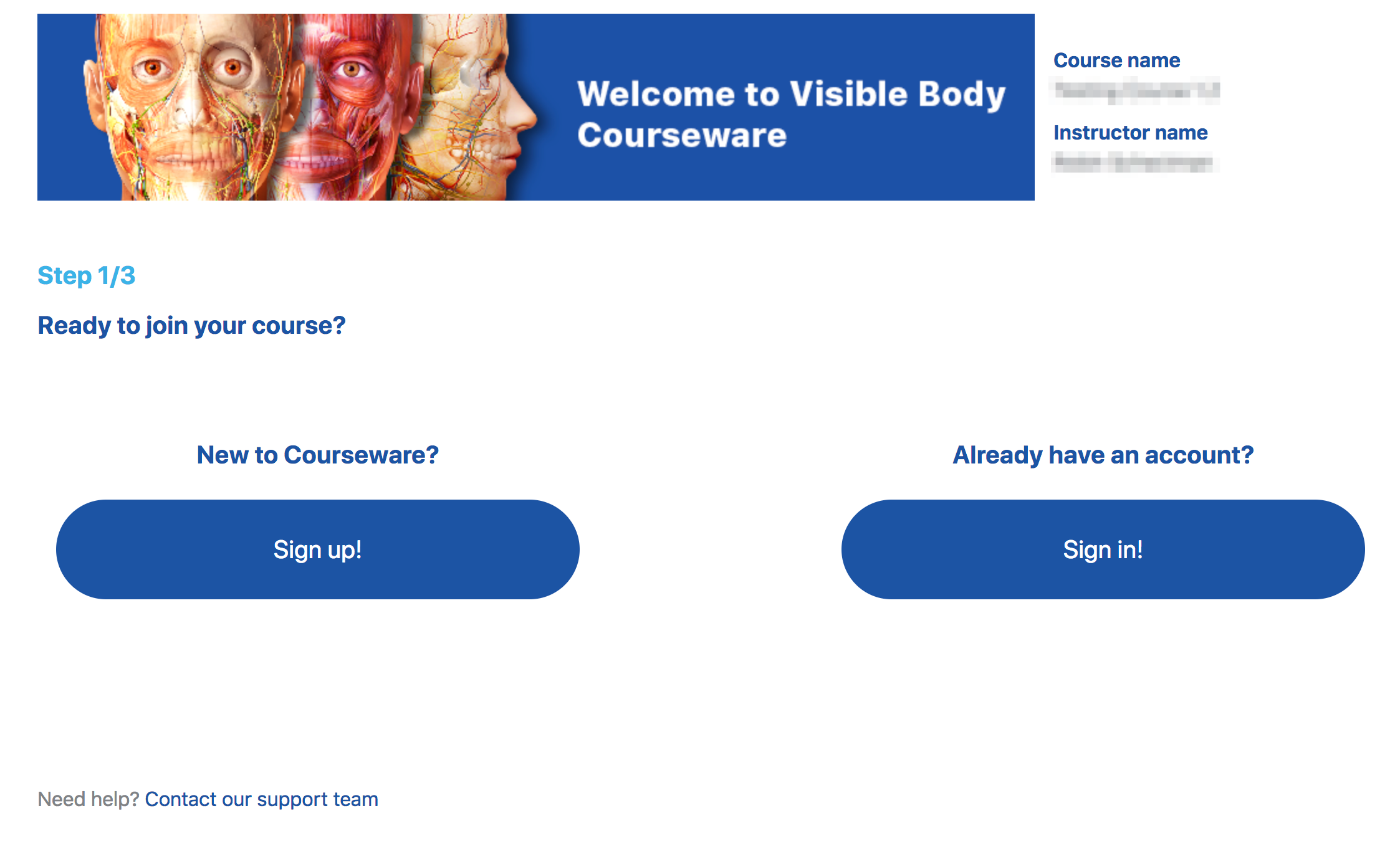 Visible Body Courseware welcome page with two options: "New to Courseware? Sign Up!" and "Already have an account? Sign in!"