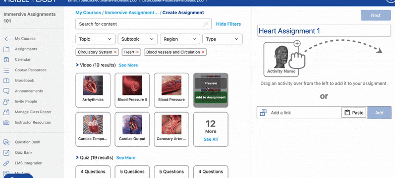 Videos on the Create Assignment page have the option to Preview or Add to Assignment for each video.