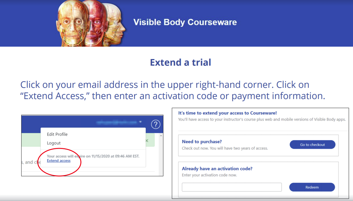 Extend a trial screen with the option to Extend access. Students can click Go to checkout to purchase, or enter an activation code and click Redeem.